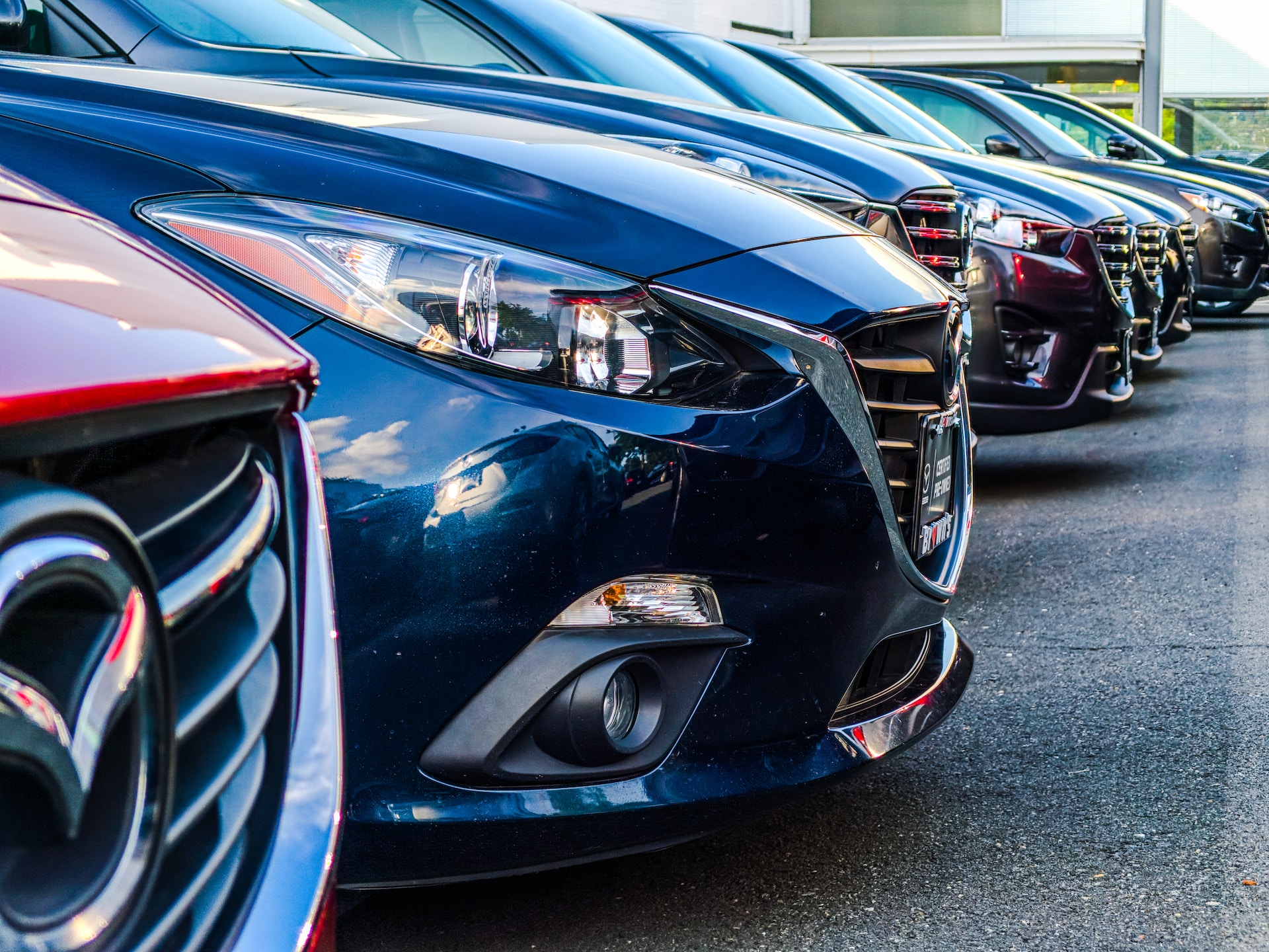 A row of cars at a used car dealership.